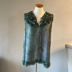 NWOT WOMEN’S RUFFLED sleeveless BLOUSE green snakeskin pattern neck tie L
